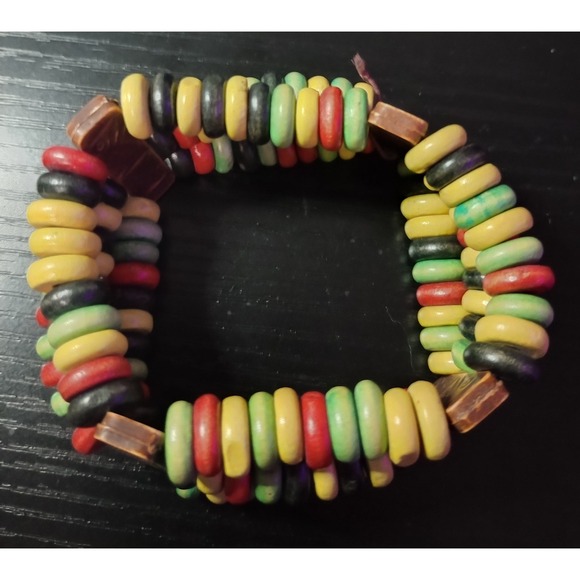 Colorful‎ Rasta Wooden Bead Stretch Bracelet - Picture 2 of 3